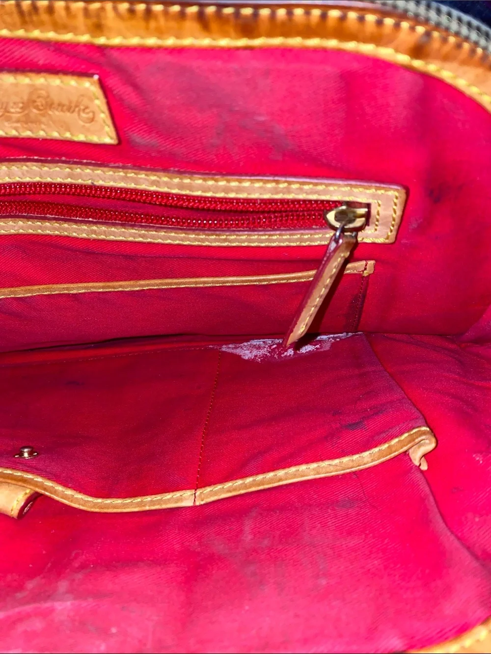 Dooney & Bourke Black Patent Satchel with Tan Leather Trim